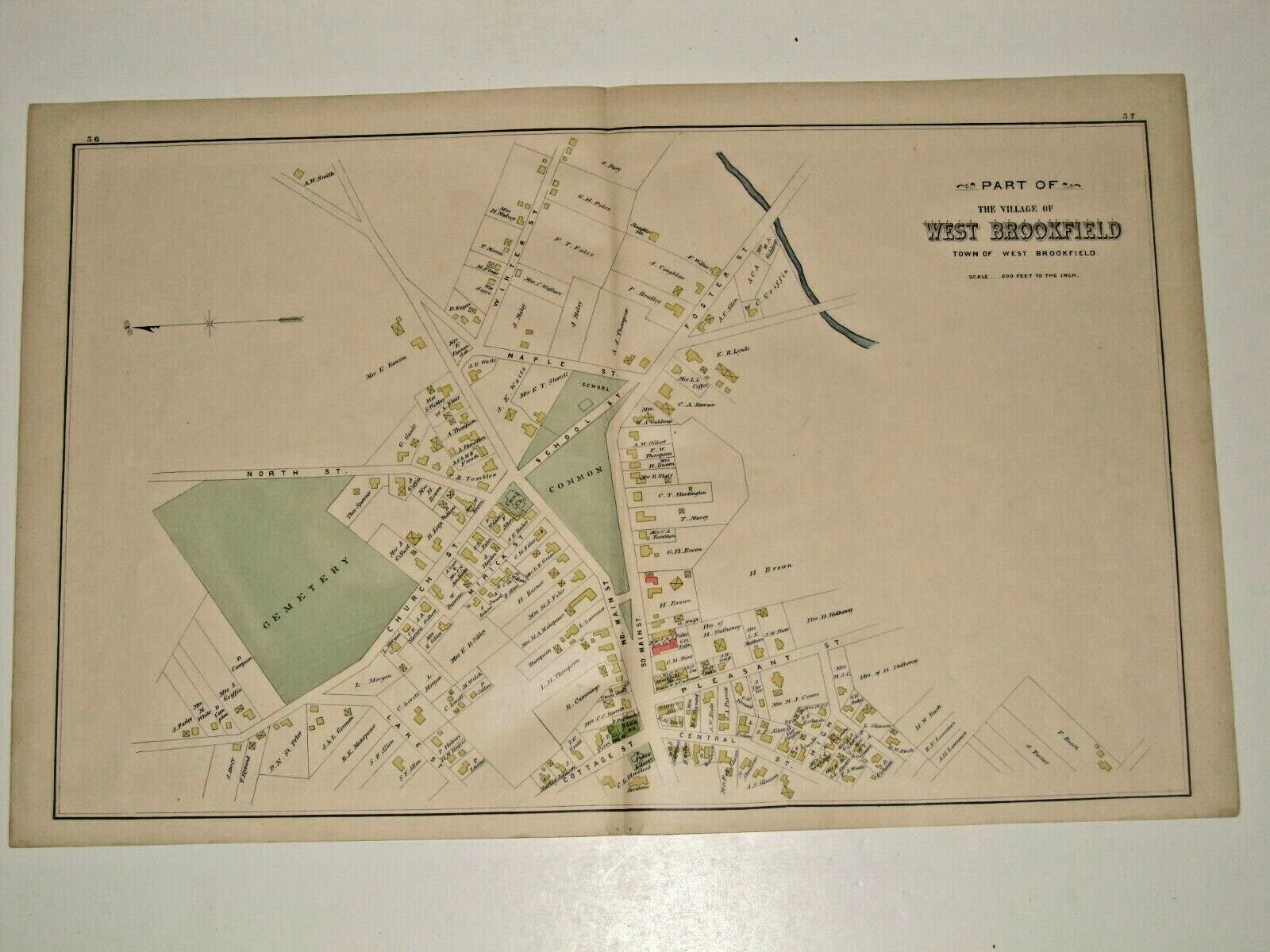 PART OF THE VILLAGE OF WEST BROOKFIELD, MA., VINTAGE 1885 MAP, NOT A