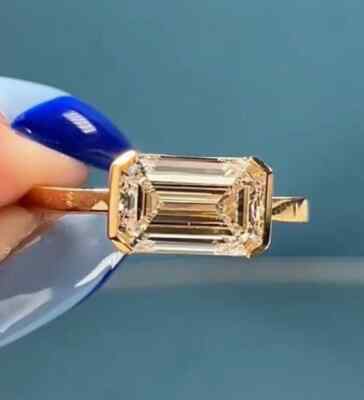 2.50 CTW Emerald Cut Moissanite Half Bezel Wedding Ring 14K Yellow Gold Plated