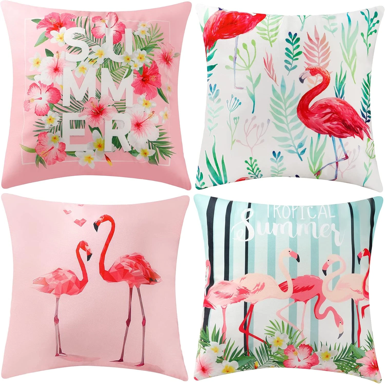 4 Pcs Flamingo Throw Pillow Covers 18 x 18 Inch Decorative Pink Bird Pillowcases