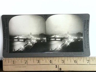 Overlooking the Thames at Night London England Stereoview Keystone View Co.