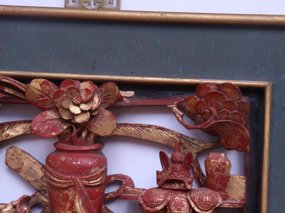 Painel de madeira antigo chinês esculpido e dourado dourado com ornamentos naturais 16,6"" - Imagem 4 de 4