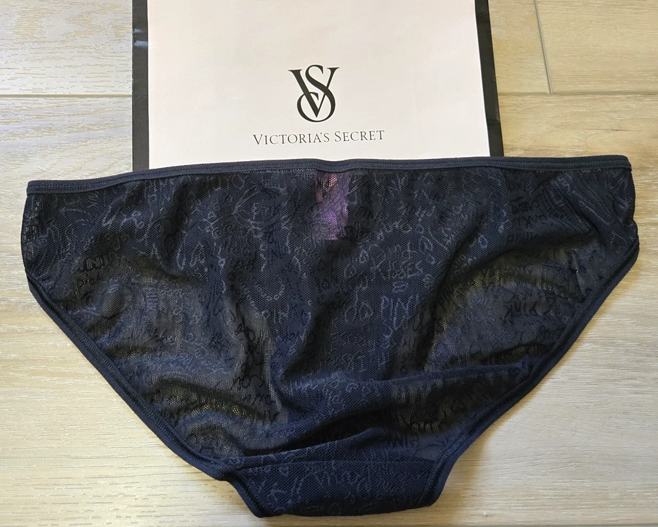 Vintage Victoria's Secret PINK Black Sheer Graffiti Print Low Bikini Panties M - Image 2 of 3