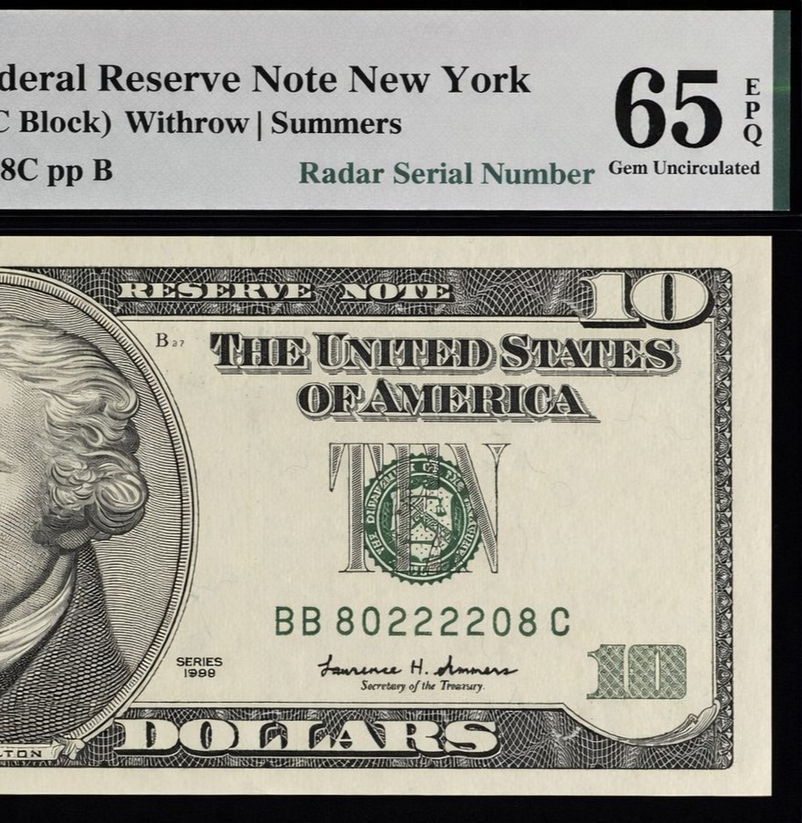 1999 $10 Federal Reserve Note PMG 65EPQ Rrepeater Serial Number 80222208