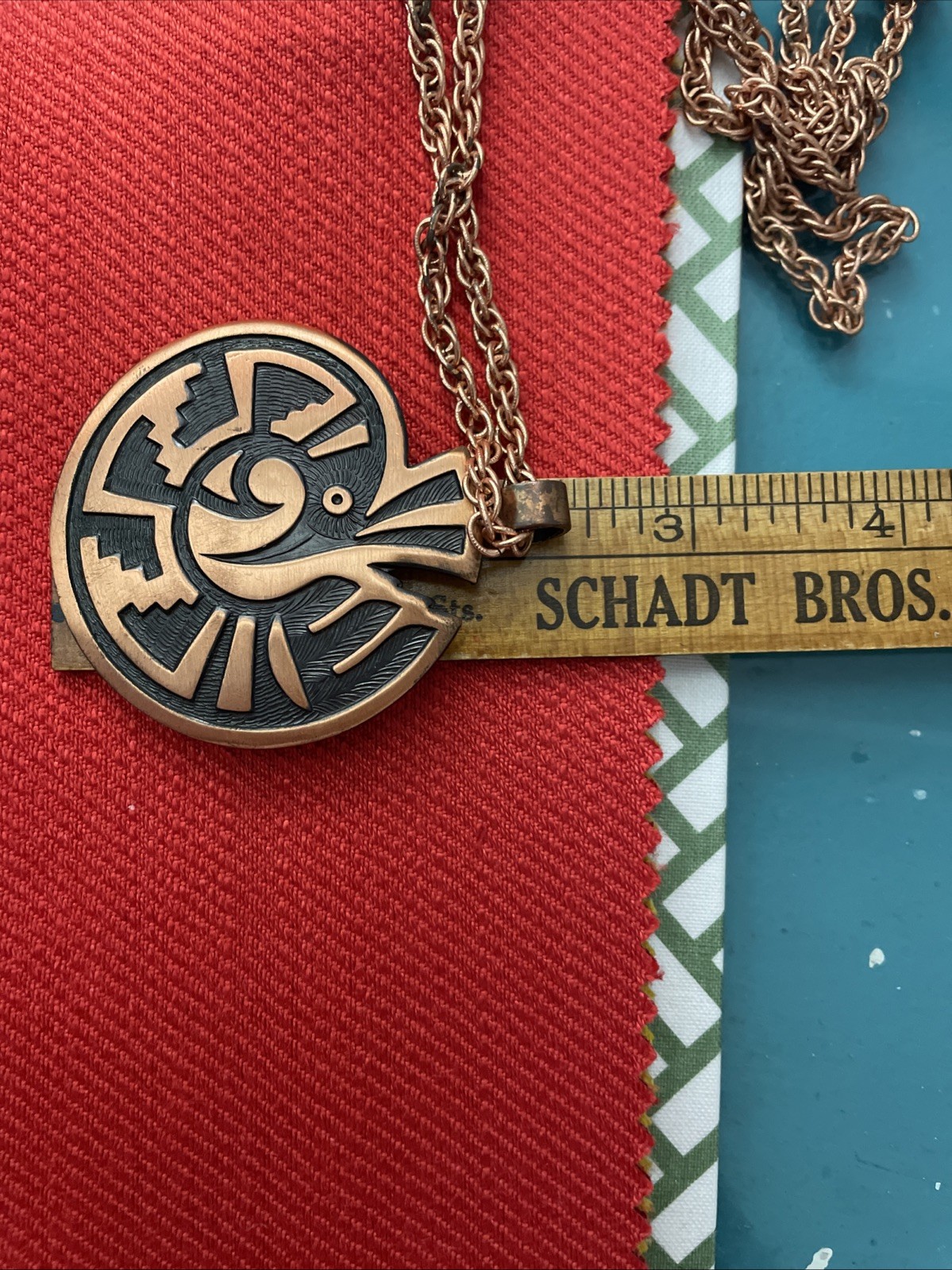 Solid Copper Stepped Meander Aztec Bird Necklace - image 8