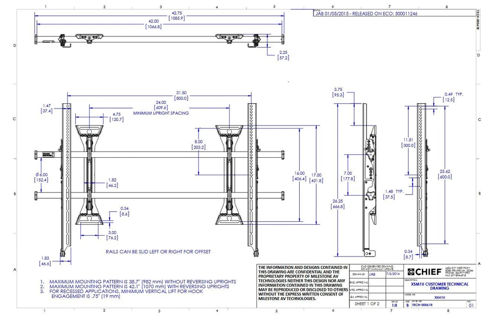 Soporte de pared para TV Legrand Chief XSM1U, inclinación +2° para 55 pulgadas a 82 in. (250lbs) Foto 4 de 4