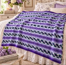 Vintage Handmade Crochet Afghan Blanket Purple Lavender Navy Green 77" x 49"