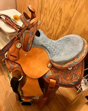 Kids Western Leather Floral Saddle, Childrens Leather Saddle 10 to 12 inch