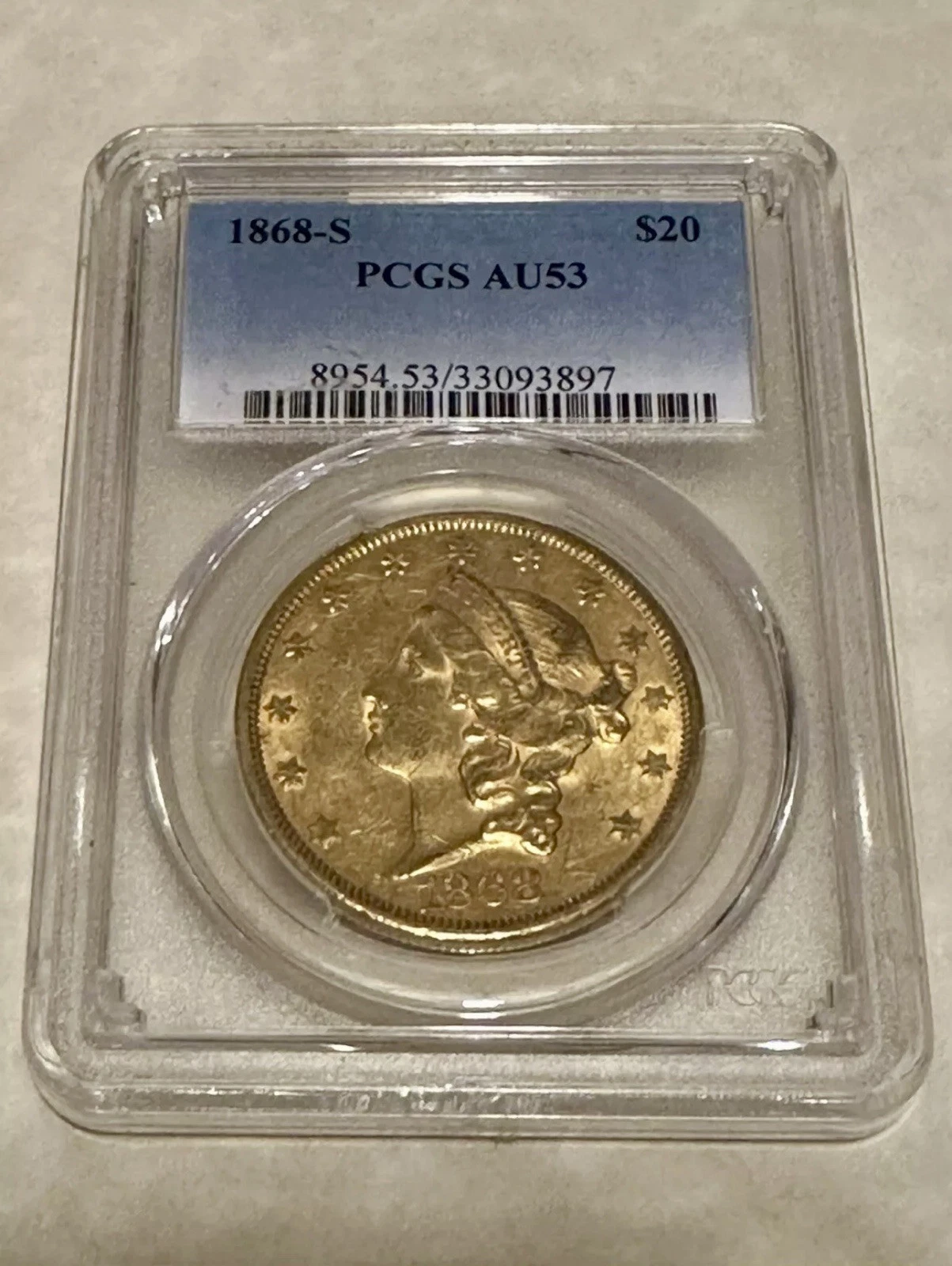 1868-S $20 PCGS AU53 Liberty Double Eagle Gold Coin original skin good strike