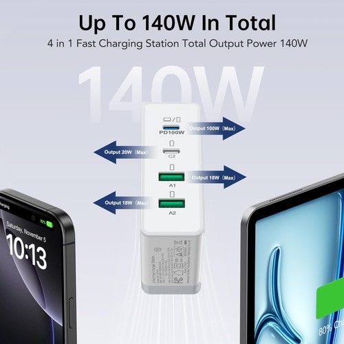 USB C Charger 140W GaN III 4-Port Fast Charging Station,Foldable Compact Wall... - Photo 2 sur 7