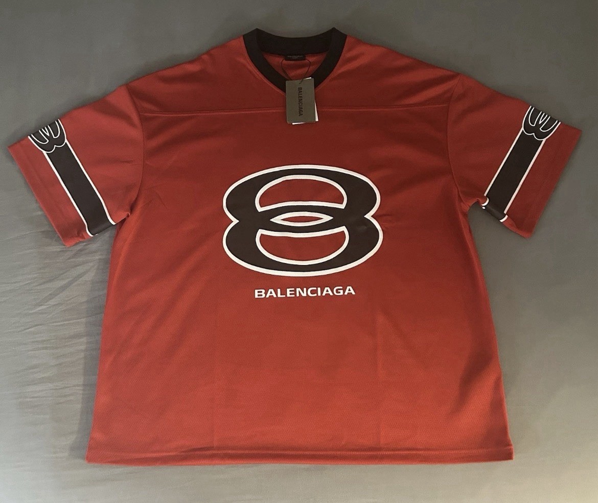 Balenciaga Men's L Red/Black/White Logo Graphic V-Neck Short Sleeve T-Shirt