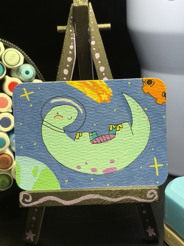 ACEO Original Acrylic Painting Art Card By SillyLil’Shop Space Dino