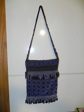 Vintage Beaded purse with fringe Nice shape.. Black/ blue and White Hong kong