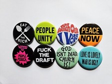 Vintage Reproduction Protest Pinback Buttons Magnets Bottle Openers. Set 06