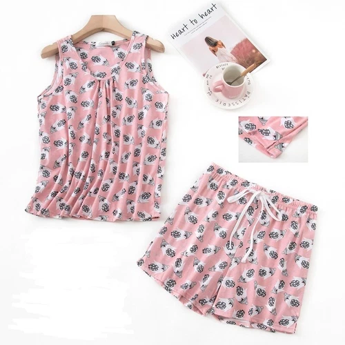 Damen Baumwolle Pyjama Set Ärmellos Oberteil Unterteil Shorts Nachtwäsche Weich Nachtwäsche - Bild 11 von 67