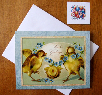 Small Easter Greeting Card, Env & Seal - Vntg Look -Yellow Chicks w Blue Flowers