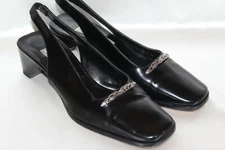 BRIGHTON Smooth Black Leather GAVINA Square Toe Slingback Heels Sz 8.5 ITALY