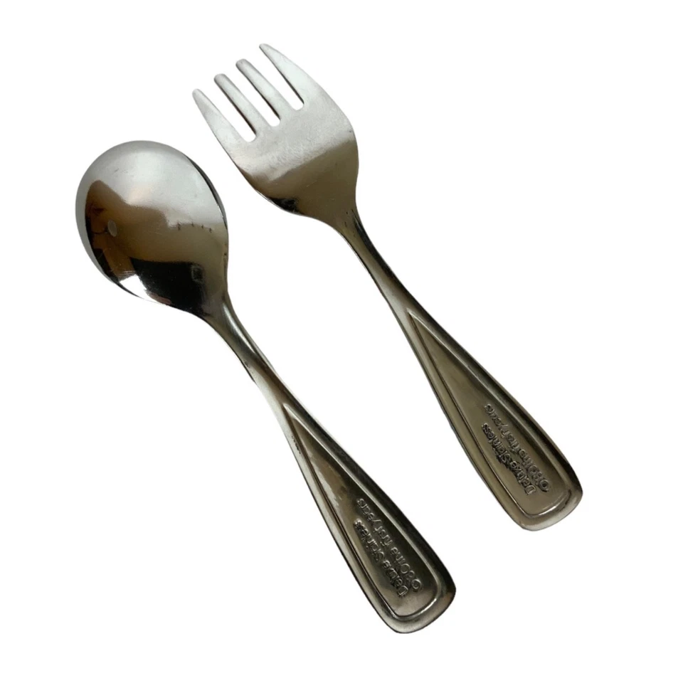 Juego de tenedores cuchara bebé de acero inoxidable de lujo The First Years asas perladas azul de colección Foto 3 de 4