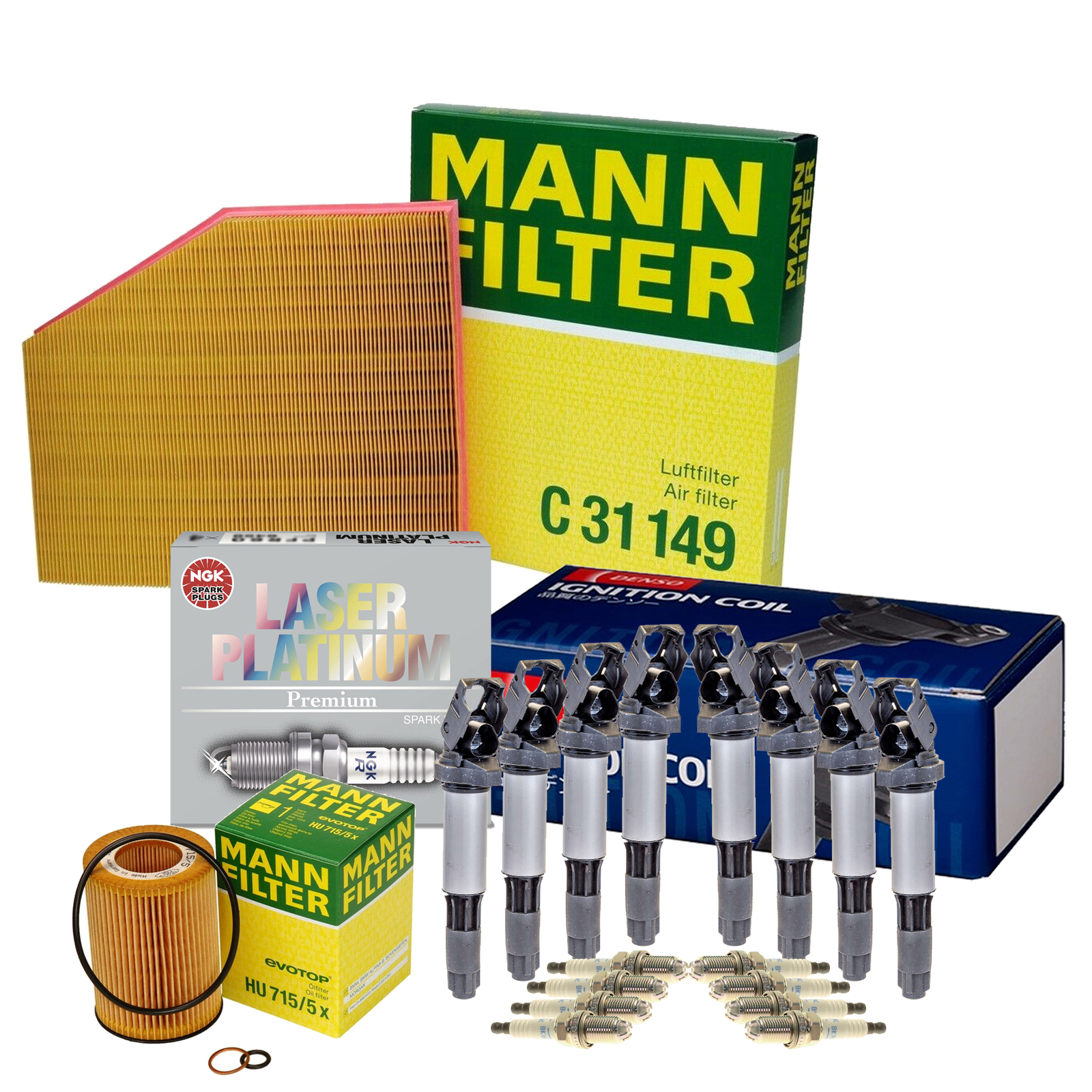 Mann Filters Denso 8 Coil NGK 8 LaserPlatinum Spark Plug Tune Up Kit For BMW N62
