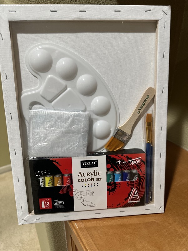 Acrylic Paint Set Yiklai Complete Canvas, Paint Tray & Brushes 12 Paints Set NIP