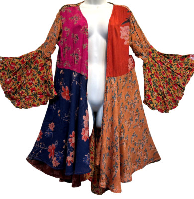 Nwt SACRED THREADS boho patch floral hippie flared rayon TOP CARDIGAN JACKET L