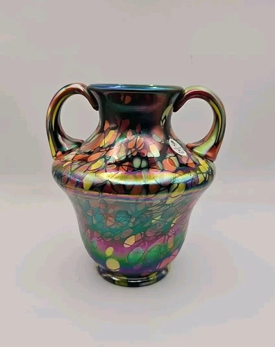 Fenton Dave Fetty Art Glass Mosaic 2005 2 Handle Iridescent Vase #181 Signed