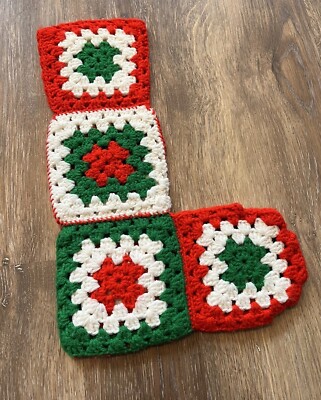 Vintage Crochet Granny Square Christmas Stocking Handmade White Red Green Large