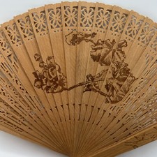 Oriental Asian Small Wood Hand Fan Ornate Wood cut w/tassel - Vintage