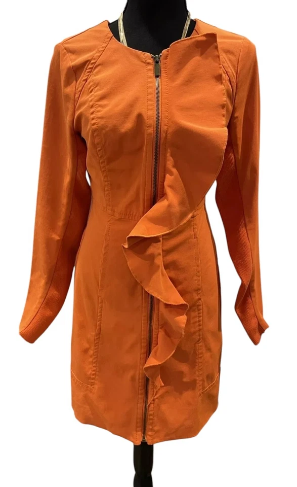 Bebe Temted 橙色夹克连衣裙 XS 码全拉链长袖荷叶边正面 — 第 3/4 张图片
