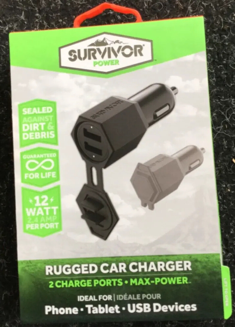 Survivor Power Rugged Premium In Car Charger 12W, 2.4 AMP USB X 2 Dual Port UK