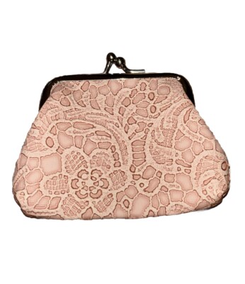 Faux Leather Kisslock Coin Purse with Pink Embossed Design Silver