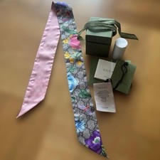 Excellent GUCCI GG Flora Silk Twill Ribbon Scarf 86x5cm / 33.8x2in with Box