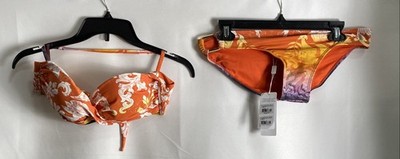 Rosa Cha Women's Bikini Swimsuit Set Orange Floral Ombre Draped Bandeau NWT Sz L