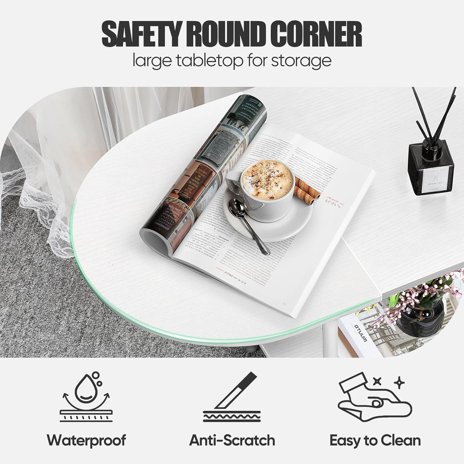 White Coffee Tables for Living Room,Mid Century Oval Center Table with Storage S