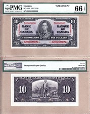 1937 $10 Bank of Canada King George VI.  RARE SPECIMEN NOTE PMG GEM UNC66 EPQ