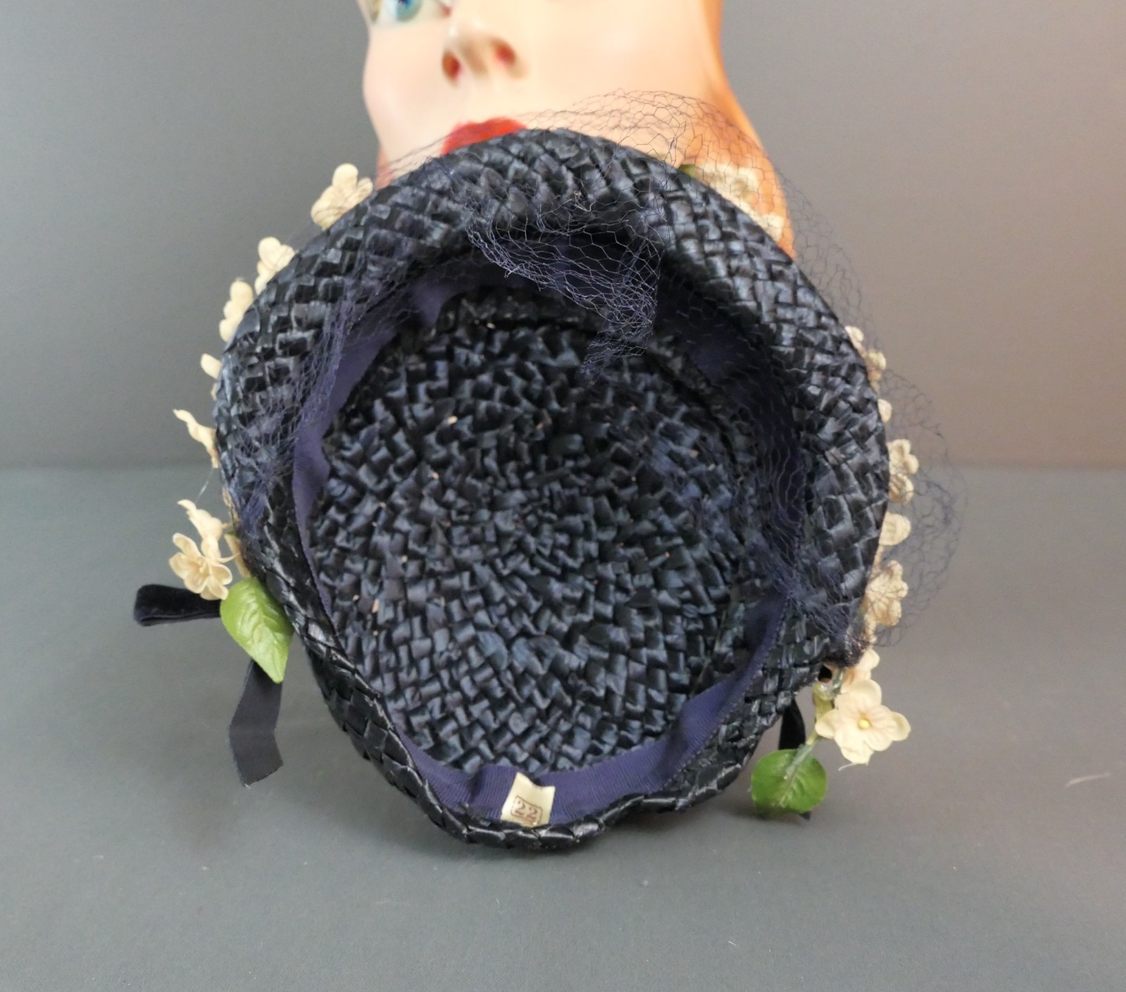 Vintage 1940s Navy Straw Hat with Small Flowers a… - image 13