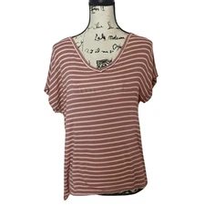ActiveUSA Striped V-Neck T-Shirt | Women’s Size S | Pink & White Casual Top