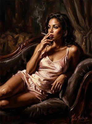 ORIGINAL MARIO MENDOZA signiertes Boudoir-ÖLGEMÄLDE aus Blush Seide
