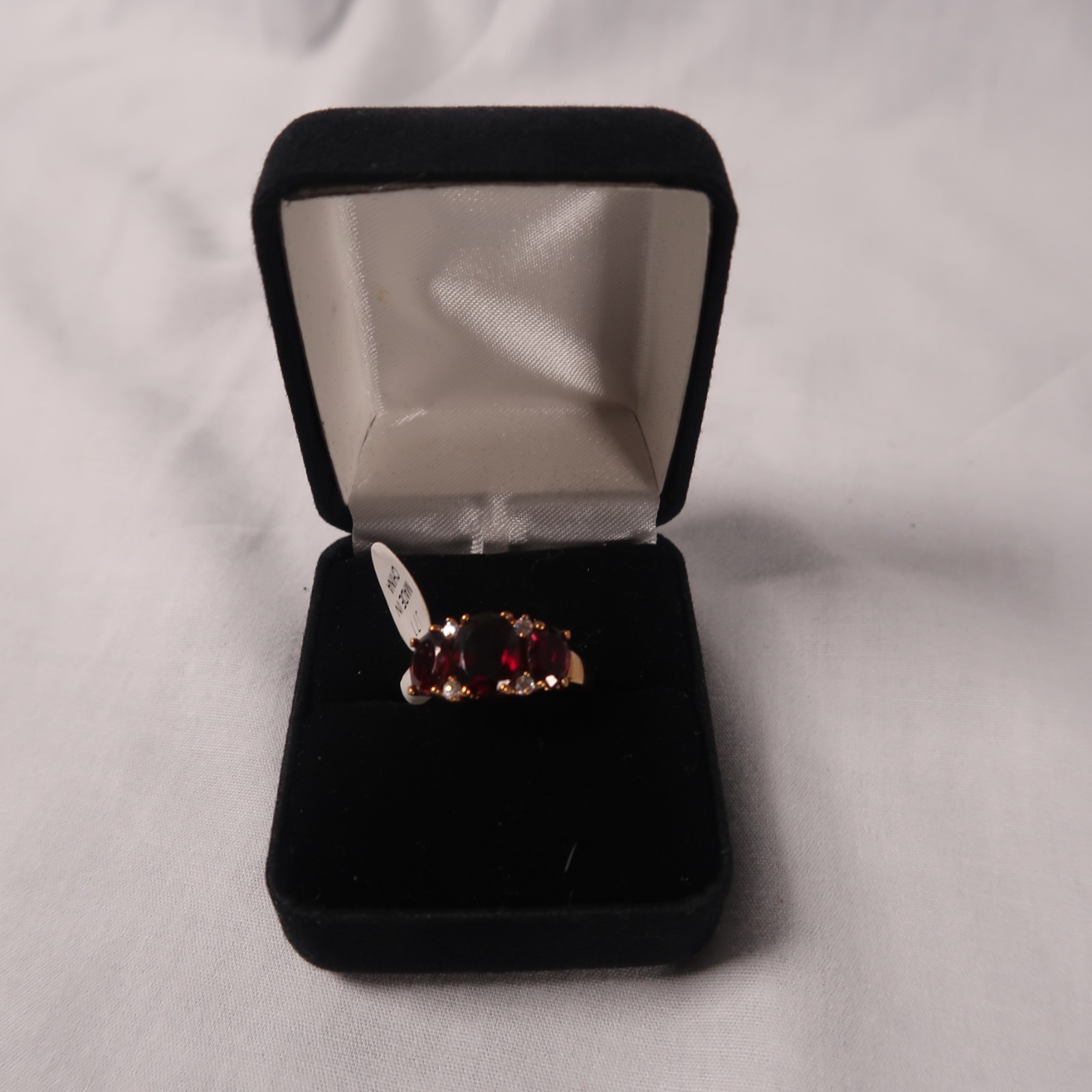 Three Stone Simulated Ruby Ring - Yellow Gold col… - image 2