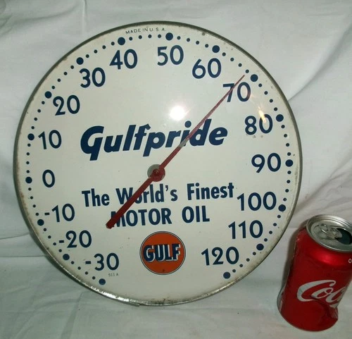 VINTAGE 1950's GULFPRIDE MOTOR OIL GAS ADVERTISING THERMOMETER SIGN MAN TOOL USA