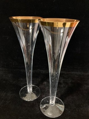 Two Krosno Hollow Stem Gold trimmed Champagne Flutes (2)