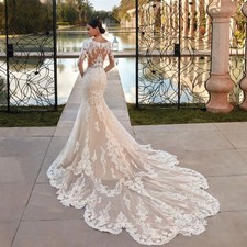 Boho O-neck Mermaid Wedding Dress Classic Lace Applique Long Sleeves Bridal Gown