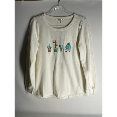 Andree by Unit Cream Cactus Embroidered Long Sleeve Fleece T-shirt Small NEW