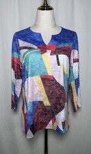 Ali Miles Women Tunic Blouse Shirt Top PM 3/4 Sleeve Stretch Wearable Art Block