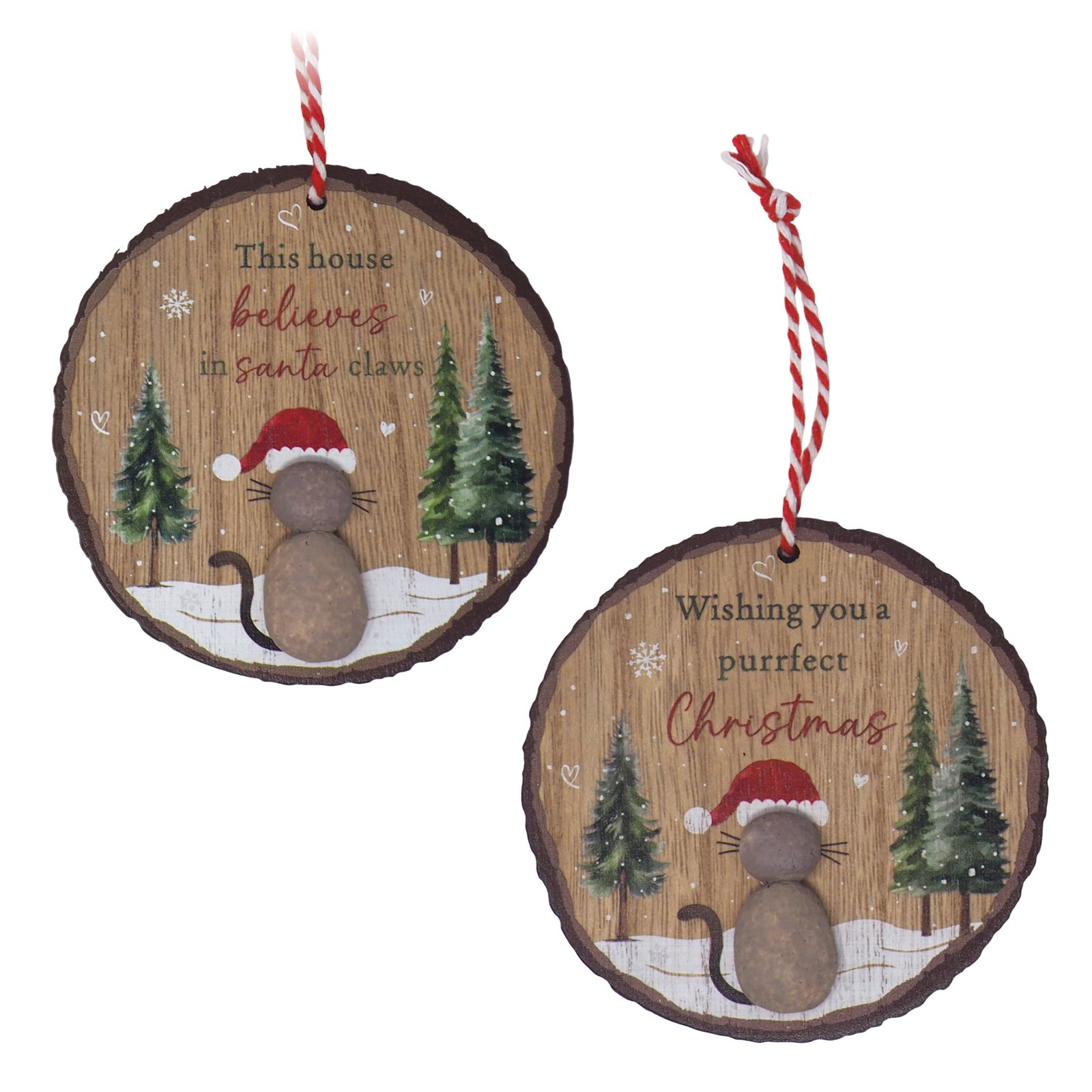Christmas Cat Baubles Cute Wooden Xmas Tree Pebble Ornaments - Set of 2