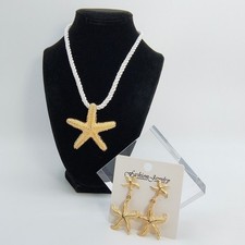 Nautical Starfish Jewelry Set 2-Piece Gold Tone Rope Necklace Dangle Earrings