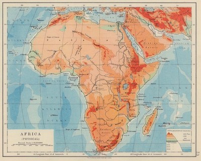 AFRIKA PHYSISCH. Relief Meerestiefen Flüsse. JOHNSTON 1910 alte antike Landkarte