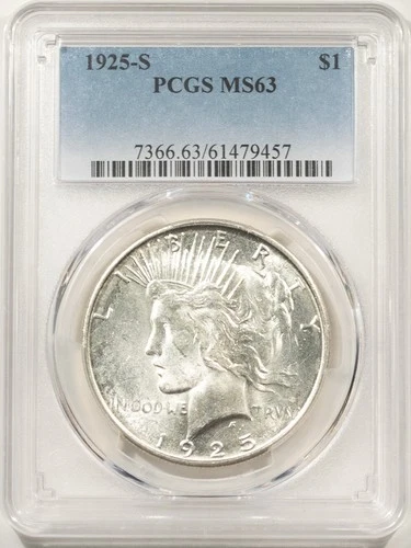 1925-S $1 PEACE DOLLAR - PCGS MS-63, BLAST WHITE!