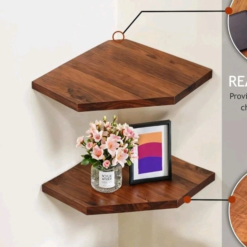 DEMIGO Acacia Floating Corner Wall Shelf Set of 2 Brown Medium Wood 16.5in