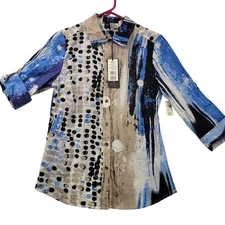 FDJ French Dressing Jeans Womens Button-Up Shirt Size 6 Blue Beige Abstract