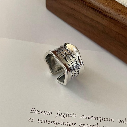 Silver Tone Hammered Open Cuff Ring Engraved Text Wide Band Adjustable Alloy 